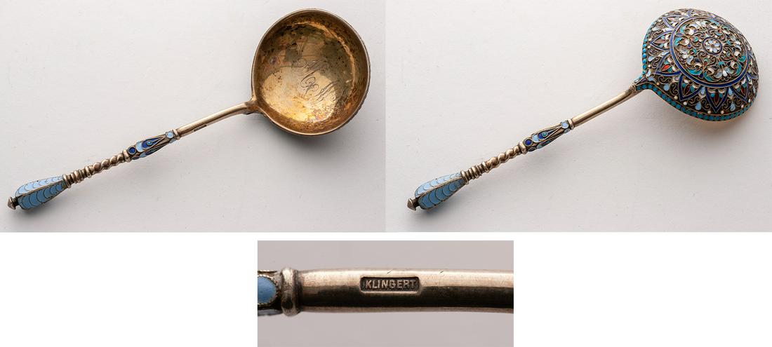 Beautiful enamel spoon: A russian silver-gilt and shaded enamel spoon, spherical & large bowl with floral decoration and volutes, sleeve drilled endind in button, length 17 cm, weight 61 g, fresh enamel, signature of silvers