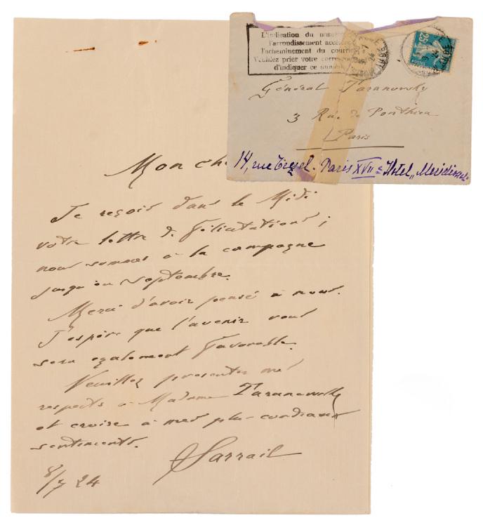 Friendly letter from General Sarrail to Taranovski (1 of 1)