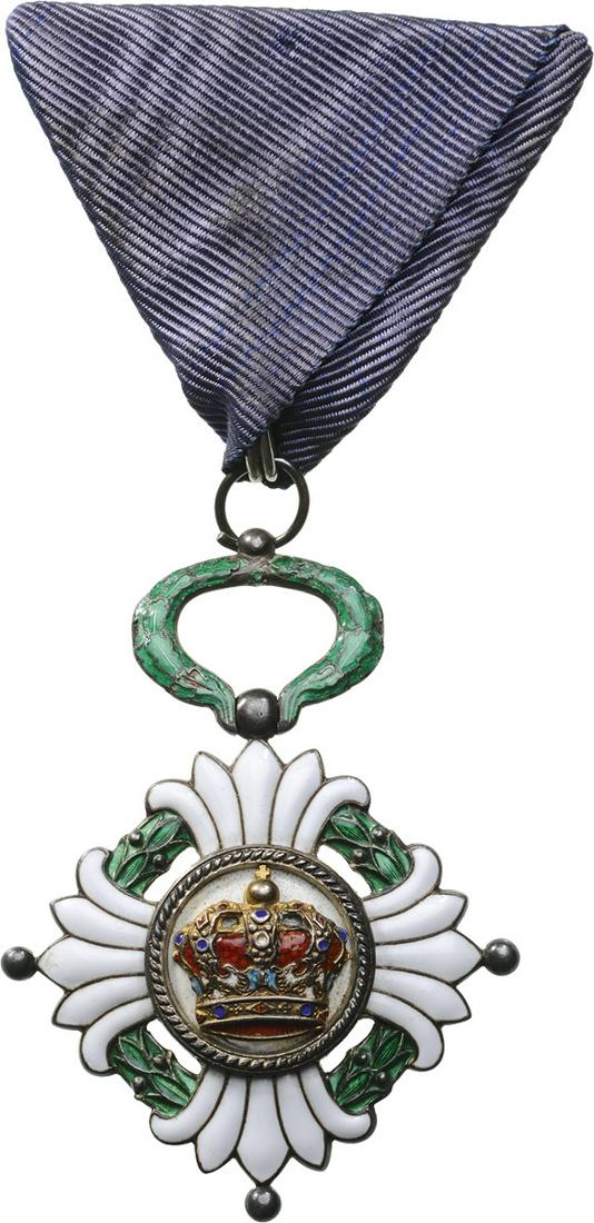 ROYAL ORDER OF THE YUGOSLAV CROWN: Knight`s Cross, 5th Class. Breast Badge, Silver, 55x42 mm, both sides enameled, both central medallions gilt silver, enameled, original suspension ring and triangular ribbon. I Country: SERBIA & KINGD