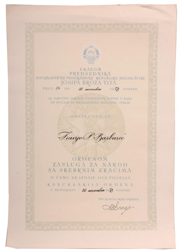 ORDER OF MERIT TO THE NATION: Diploma of the Order awarded to a Yugoslav Citizen, instituted in 1945, 49x34 cm, dated 1978. I Country: SERBIA & YUGOSLAVIA - SOCIALIST REPUBLIC