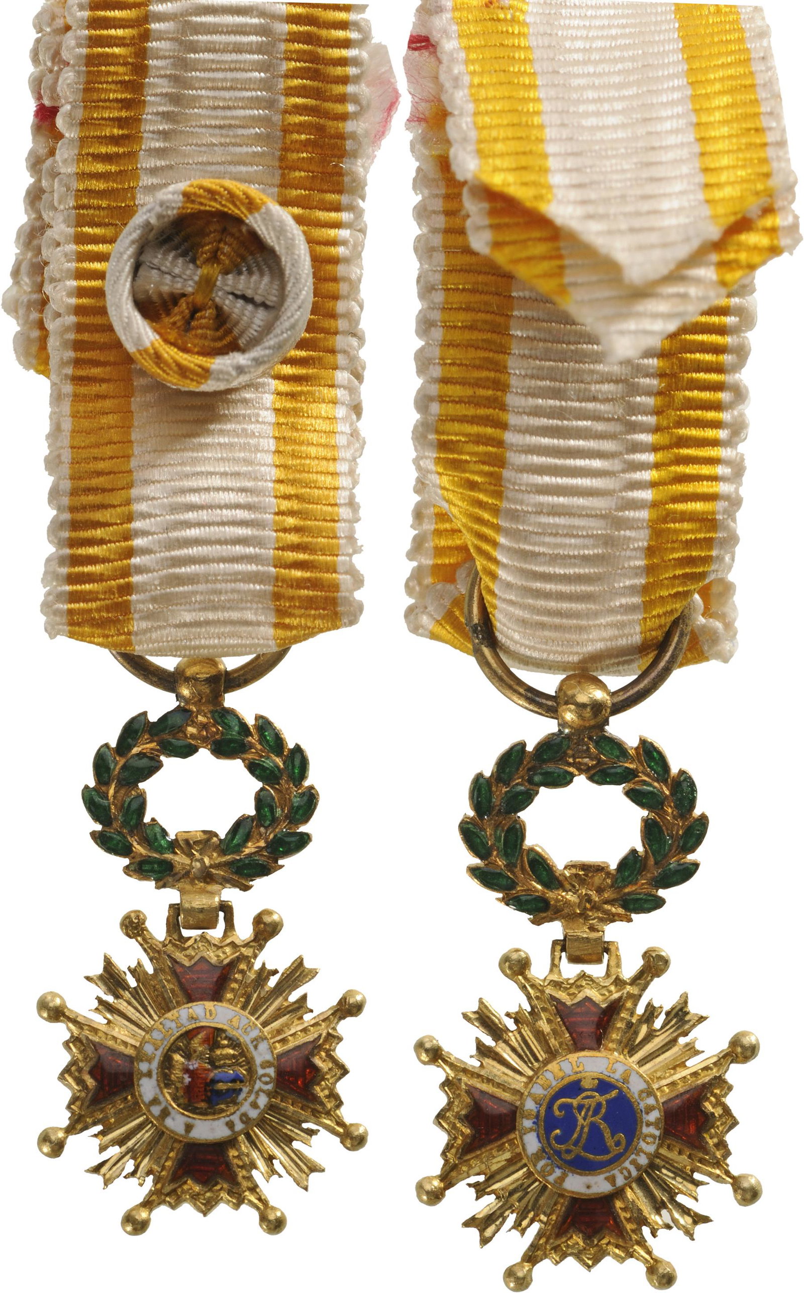 ORDER OF ISABELLA THE CATHOLIC: Officer`s Cross Miniature, instituted in 1815. Breast Badge, GOLD, 16x7 mm, enameled, central medallion GOLD, enameled, original wreath suspension device, ring and ribbon with rosette. A beautiful old