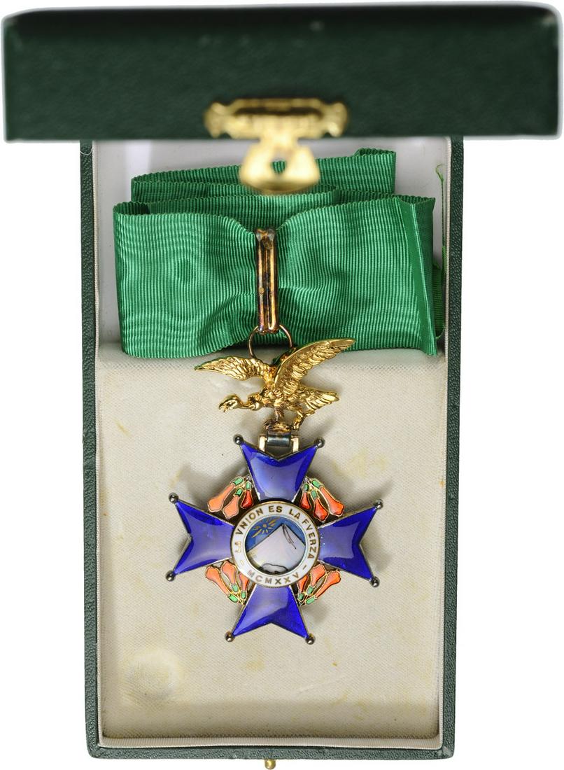 NATIONAL ORDER OF THE CONDOR OF THE ANDES: Commander's Cross, instituted in 1925. Neck Badge, 81x57 mm, Silver gilt, hallmarked "925", maker`s mark "AB (Arthus Bertrand- Paris)", both sides enameled, central medallion gilt, enameled, original