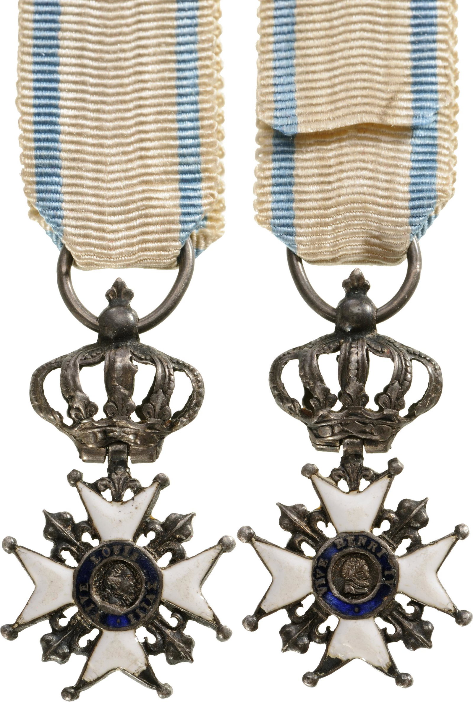 DECORATION OF THE LILY, instituted in 1814: Breast Badge, 35x19 mm, Silver, both sides enameled (minor damages and stains), both central medallions silver enameled, original suspension and ribbon. II Country: FRANCE