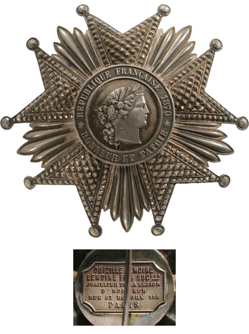 ORDER OF THE LEGION OF HONOR: Grand Cross Star, 3rd Republic (1870-1947), 1st Class, instituted in 1802. Breast Star, 90 mm, Silver, maker's mark "Ouizille Lemoine, Paris", multipart construction, large pin and two side hooks on r