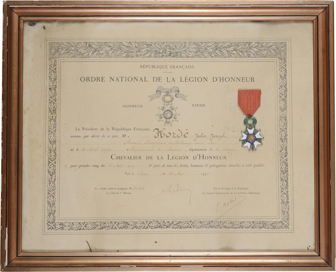 ORDER OF THE LEGION OF HONOR, to a French tax offices: Knight`s Cross, 3rd Republic (1870-1947), 3rd Class. Breast Badge, 56x38 mm, Silver, central medallions GOLD, enameled, original suspension ring and ribbon, together with wooden framed awarding docume