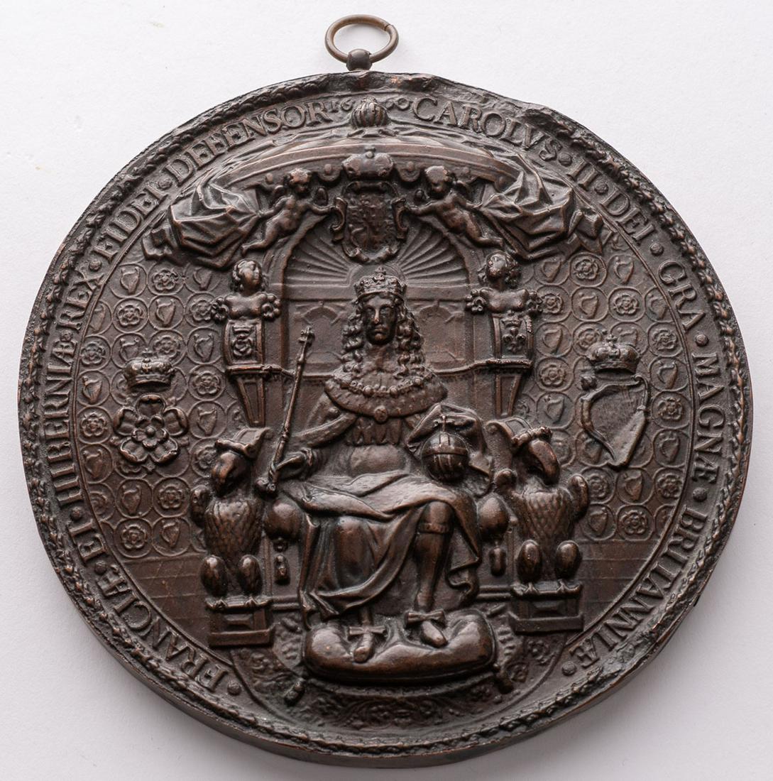 Large medallion in plaster and bronze coating: Large medallion in plaster and bronze coating, about Charles II King of France on his throne. According to the original royal wax stamp, molding XIXth in good condition despite minor failings. France.