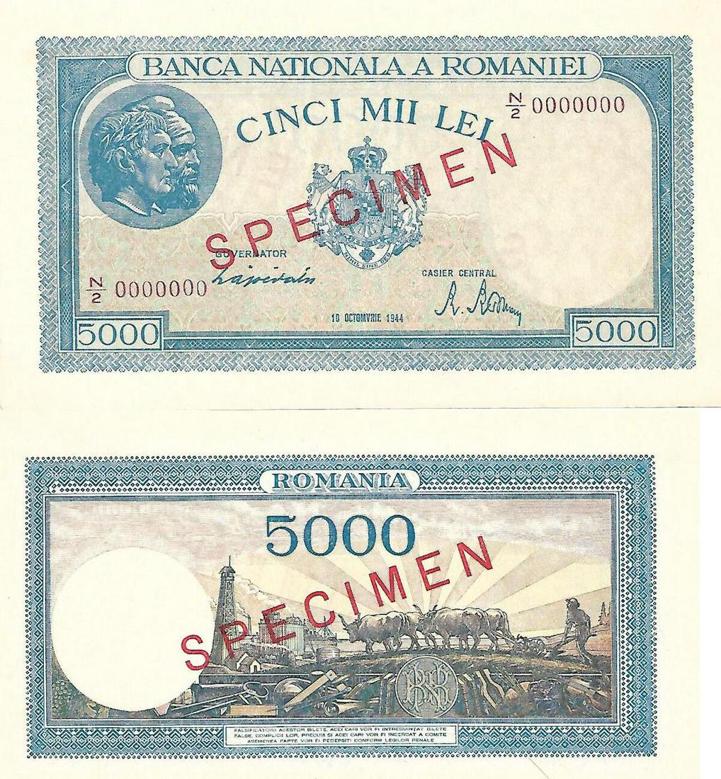 5000 Lei (28.9.1943, 2.5.1944, 22.8.1944) dated 10th of (1 of 1)