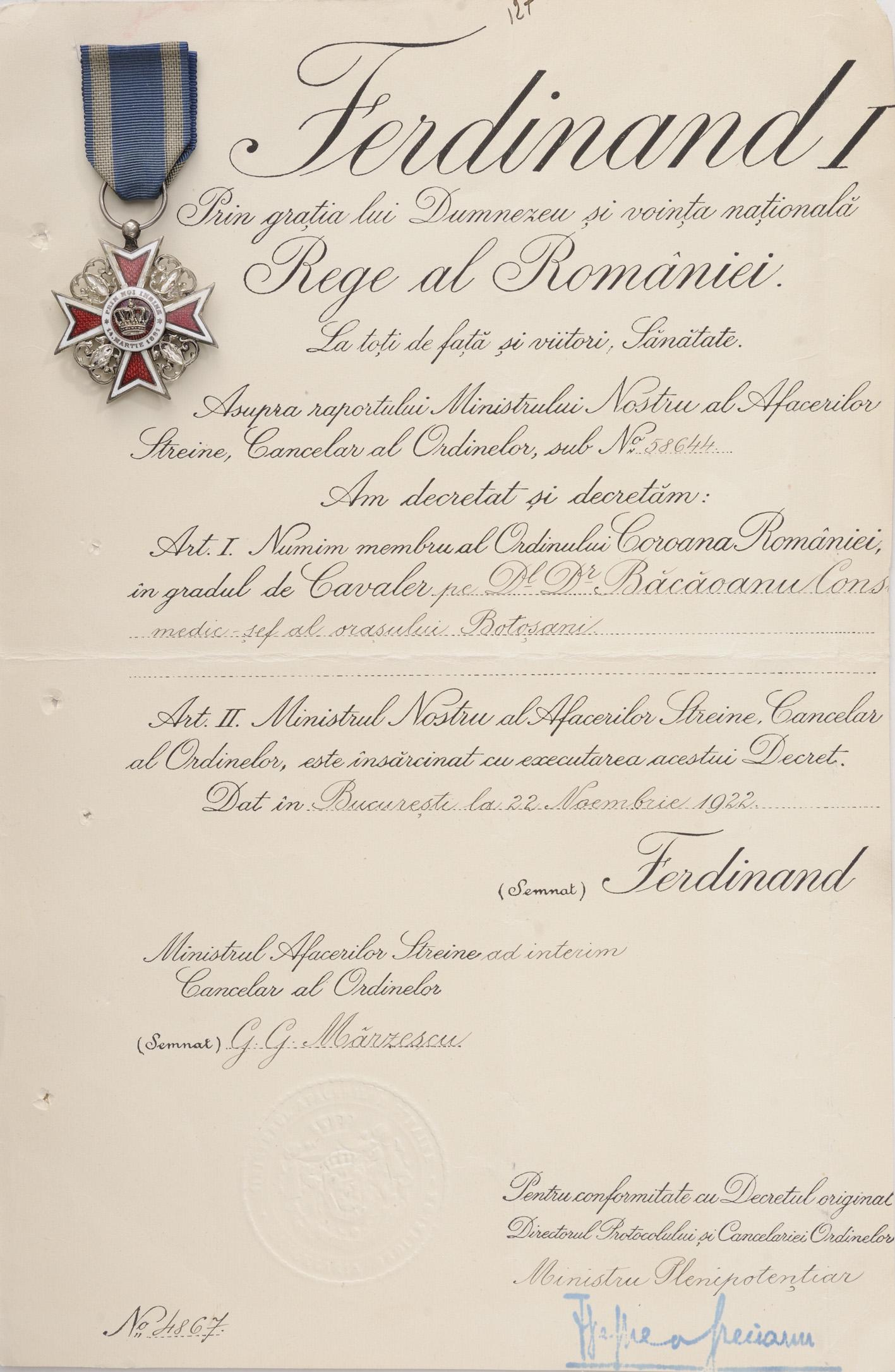 ORDER OF THE CROWN OF ROMANIA, to the Chief Doctor of (1 of 2)