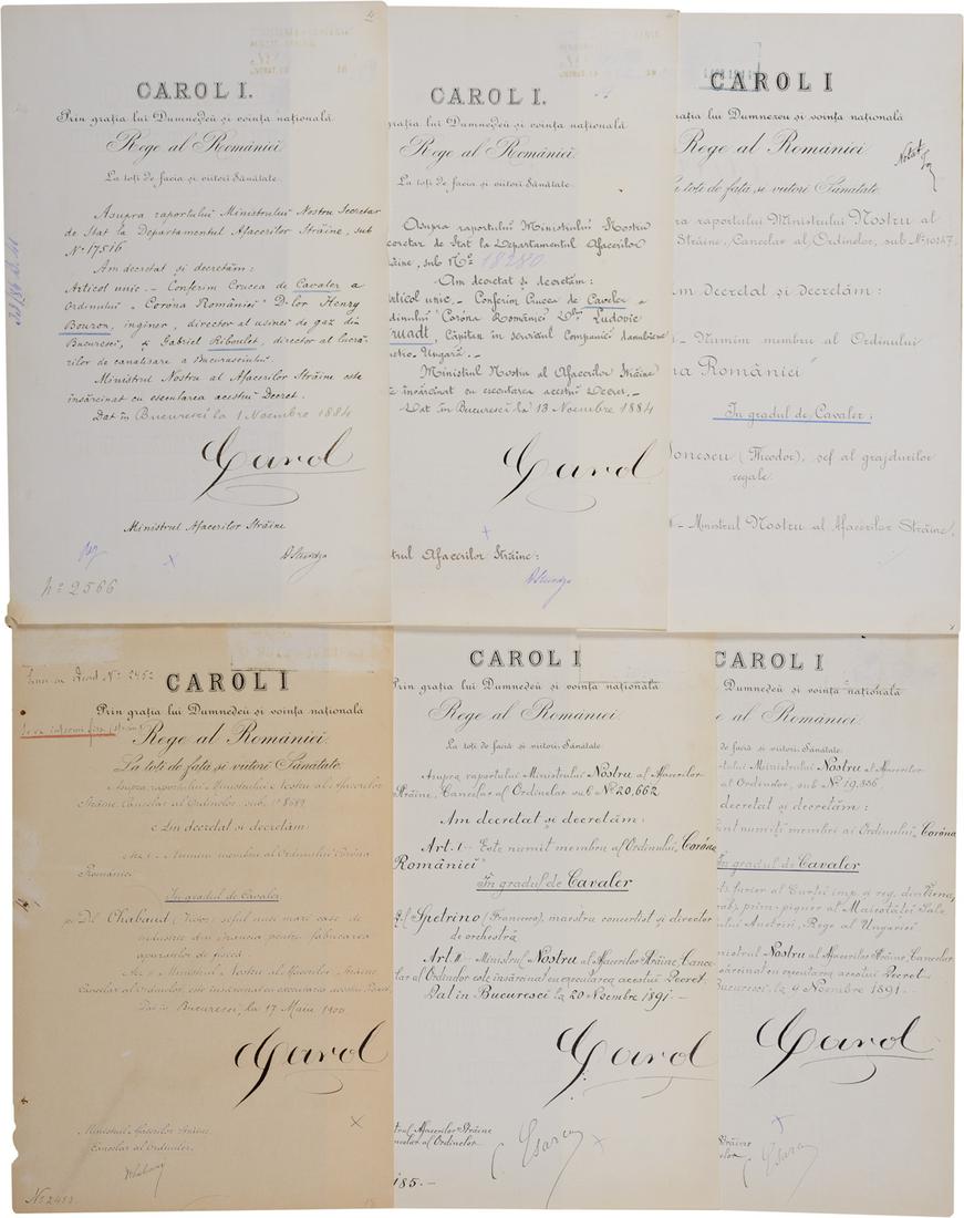ORDER OF THE CROWN OF ROMANIA, 1881, LOT OF 6 AWARDING: Knight`s Crosses, 1st Model, Civil. Awarding documents to Romanian and foreign Officials and Citizens, dated 1884, 1891, 1900, 1914 with original signatures of King Carol I and famous Romanian Ministe