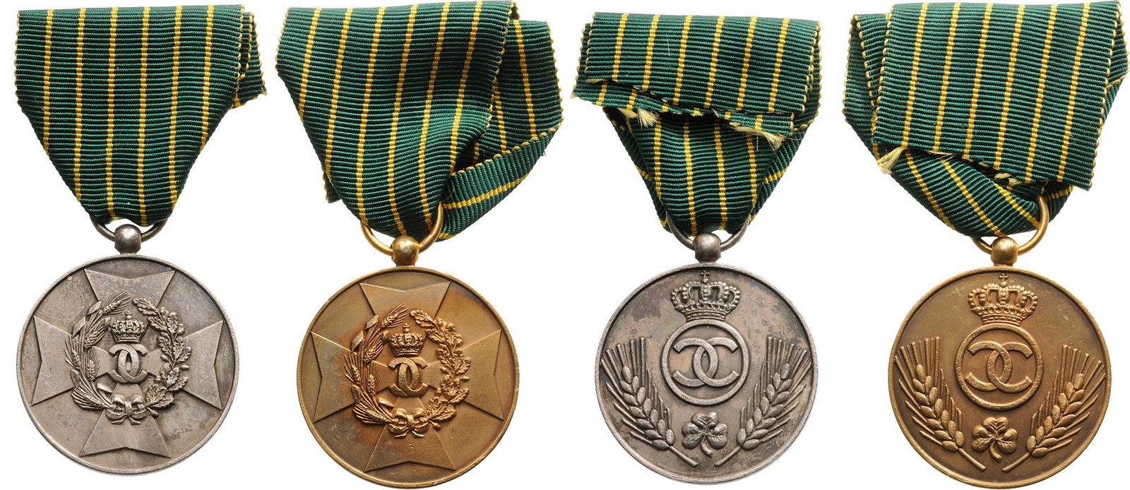 Medal of Agricultural Merit, 1st Model, Set 1-2: Set 1-2 Classes. Breast Badges, 34 mm, gilt Silver and Silver, original suspension rings and ribbons. Rare! I ROMANIA