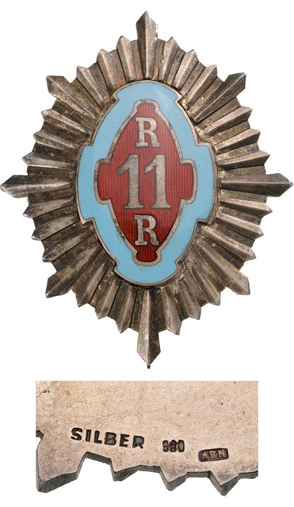 Regimental Badge "11th Rosiori (Elite Cavalry): Breast Badge, 53x42 mm, Silver, hallmarked "Silber, 900", makerâ€šÃ„Ã´s mark "ABN", one side enameled, multipart construction, medium pin on reverse. I.M.S.P.R. 308 Rare! R! I ROMANIA
