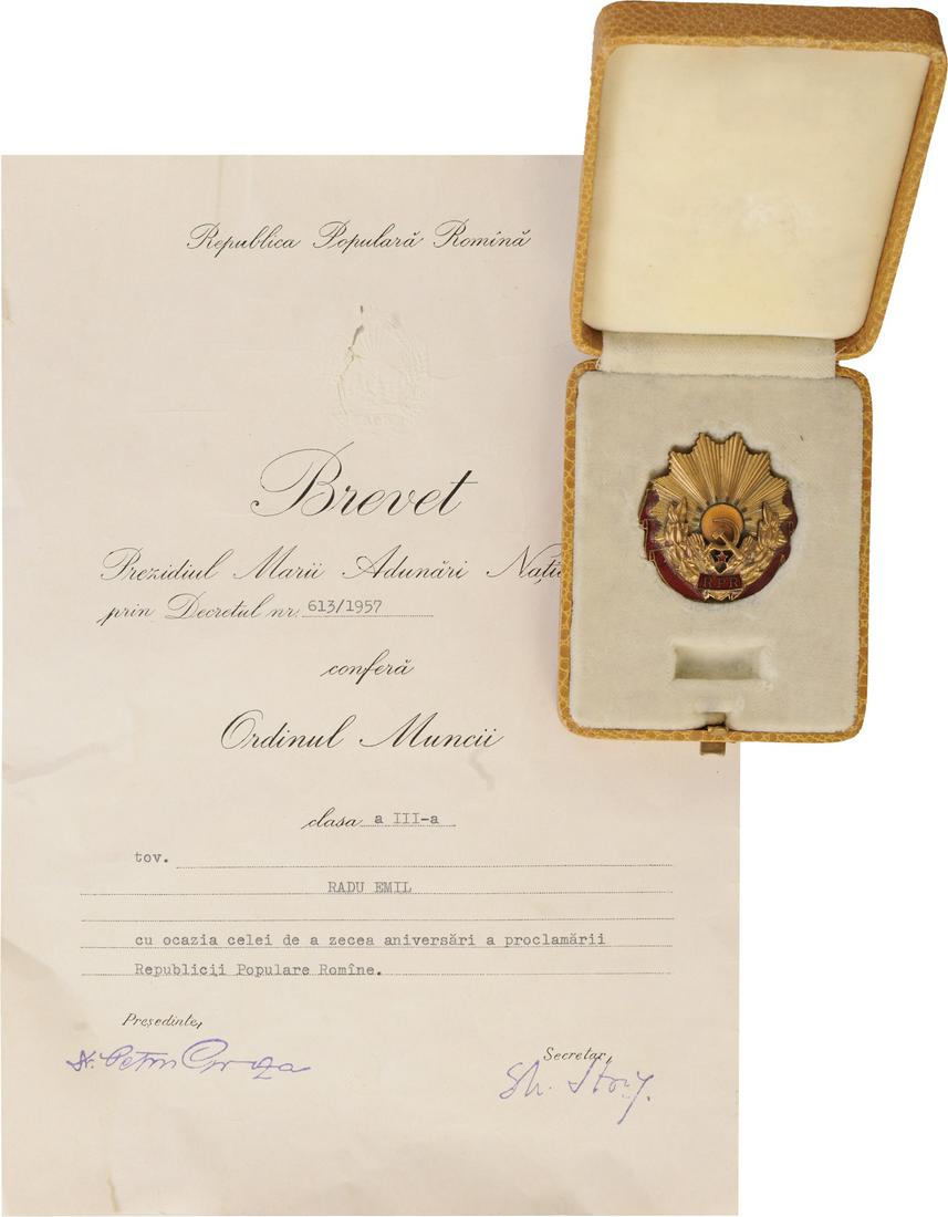 RPR - ORDER OF LABOUR, 1948-1965 to a Romanian Citizen: 3rd Class, 1st Model (1948). Breast Star, 48x43 mm, Bronze, superimposed part enameled, with pin back in orginal case of issue with inscription on the lid, together with awarding document dated 1957. 