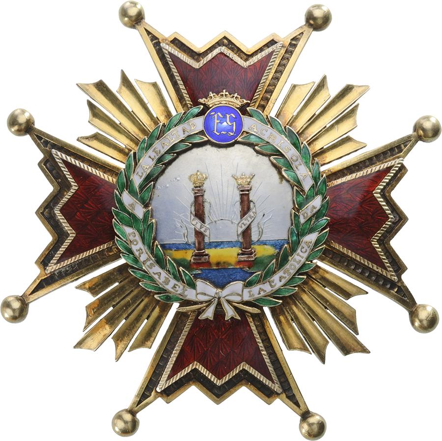 ORDER OF ISABELLA THE CATHOLIC: Grand Cross Star, 1st Class, instituted in 1815. Breast Star, 71 mm, gilt Silver, enameled, central medallion gilt silver, enameled, reverse with long thin vertical pin and two side hooks. Superb star