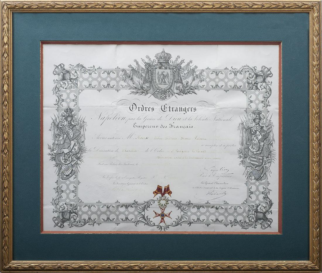 ORDER OF SAINT GREGORY: Knight`s Cross Awarding Document to a French recipient, 54x47 cm, dated 17th of December 1868, in ornamented wooden frame. A splendid rare document of high quality! R! II VATICAN