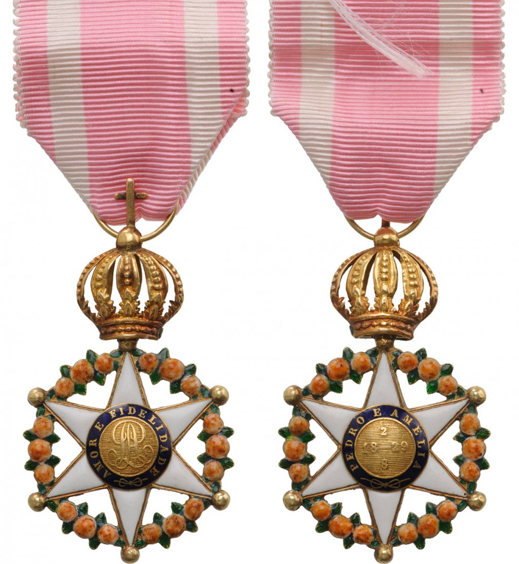 ORDER OF THE ROSE: Officer's Cross, 4th Class, instituted in 1829. Breast Badge, 50x30 mm, GOLD, superimposed parts gold, enameled, central medallion enameled, original crown suspension, ring and ribbon. A high jeweler'