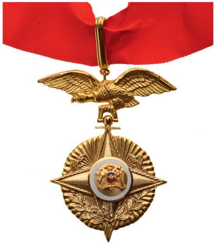 Army Gold Star for Officer's for 30 Years of Service: 1st Class, cca 1935, Commander's Cross. Neck Badge, 48 mm, gilt Bronze, multipart construction, central medallion gilt bronze, enameled, original condor suspension device and ribbon. I Country: CHILE