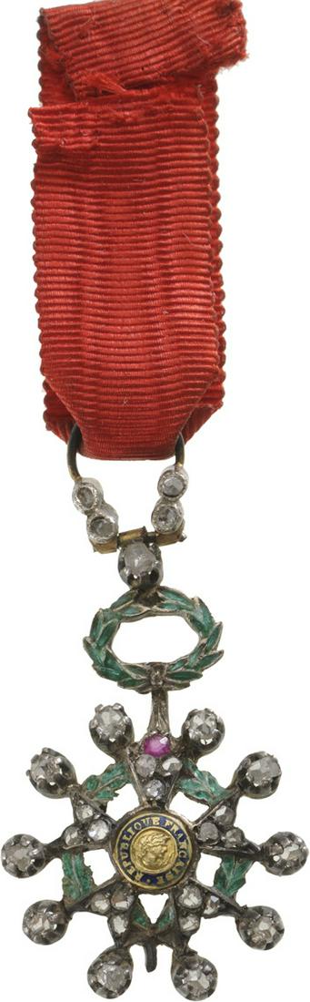 ORDER OF THE LEGION OF HONOR: Knight`s Cross Miniature De Luxe with Brilliants, 3rd Republic (1870-1940), 5th Class. Breast Badge, 28x18 mm, gilt Silver with brilliants, enameled, central medallions GOLD, enameled, original GOLD s