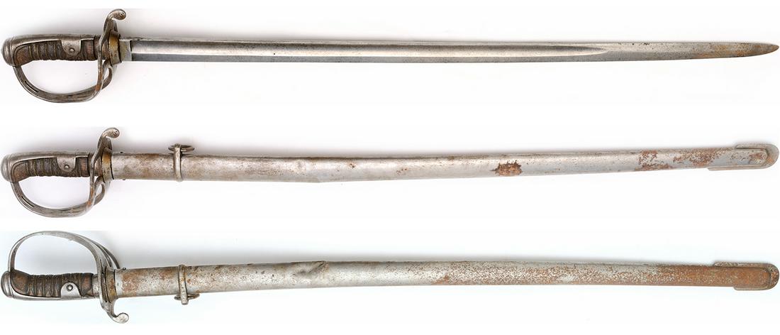 British Cavalry Trouper`s, md.1821: Blade slightly curved, made in steel, plain steel guard with three bar, grip wood, covered with leather, steel scabbard with one band and ring. Very fine condition, rust stains. The guard is stamped s