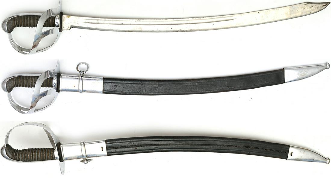Dutch Police Sword cca.1900: Steel curved blade, wooden and leather scabbard with steel ornaments, steel guard with shagreen covered grip with twist wire binding, maker marks â€šÃ„Ã¶E & F Hors