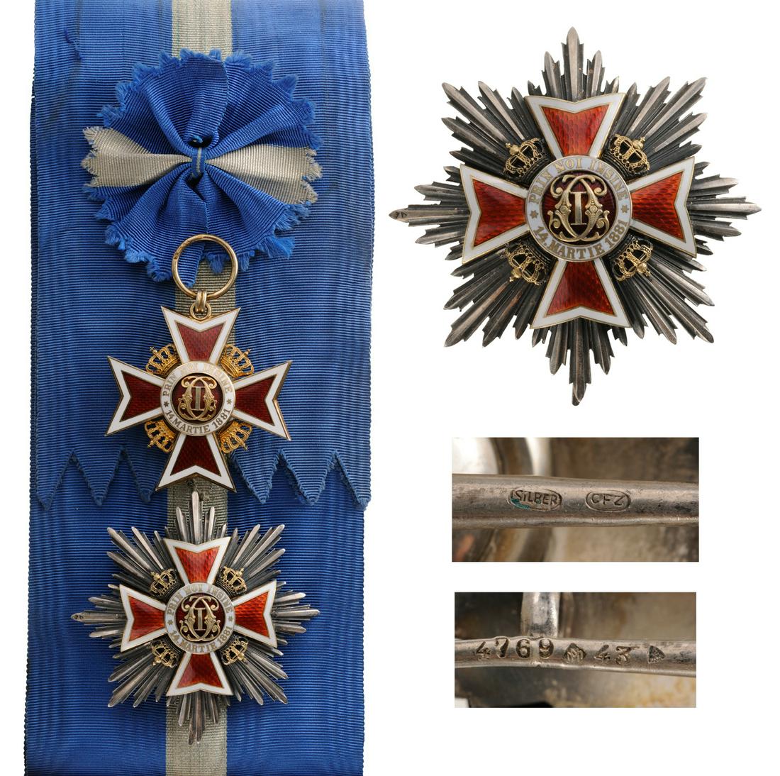 ORDER OF THE CROWN OF ROMANIA, 1881: Grand Cross Set, 2nd Model, Civil. Sash Badge, 60 mm, Silver gilt, hallmarked 68-35-crown", maker's mark "HW", both sides red enameled, with original sash and rosette. Breast Star, 75 mm, Silver, hall