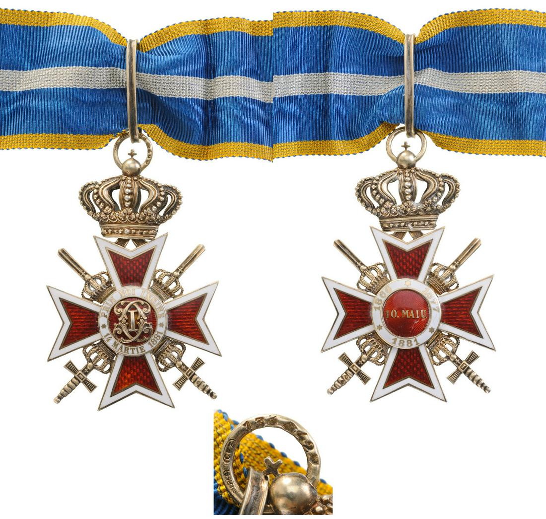 ORDER OF THE CROWN OF ROMANIA, 1881: Commander 's Cross, 2nd Model (1938), for Military in Time of War. Neck Badge with Swords, 65x41 mm, Silver, hallmaked "SILBER", maker`s mark "CFZ-136-MN-42" both sides red enameled, obverse medallion