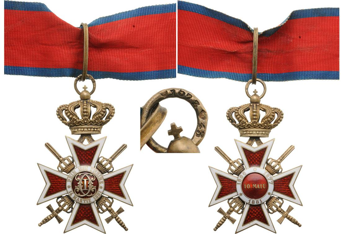 ORDER OF THE CROWN OF ROMANIA, 1881: Commander 's Cross, 2nd Model (1938), for Military in Time of War. Neck Badge with Swords, 65x50 mm, Silver, hallmaked "SILBER", maker`s mark "CFZ-crown--1673-MN-4" both sides red enameled, obverse me