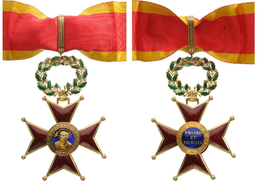 ORDER OF SAINT GREGORY: Commander`s Cross. Neck Badge, 78x52 mm, 26.2 g, GOLD, enameled, original suspension wreath, ring and ribbon. A splendid order, very rare in gold, in best jeweler's quality! I RR! Country: VATICAN