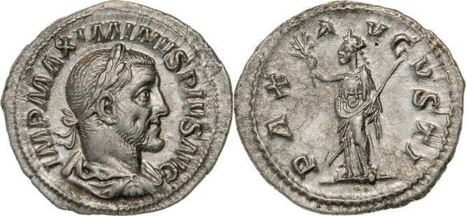 Maximinus I. Thrax (235-238AD), AR Denarius (2,1g),: IMP MAXIMINVS PIVS AVG laureate, draped and cuirassed bust right / PAX AVGVSTI Pax standing left with branch and sceptre. RIC 12. EF+ Country: ROMAN EMPIRE