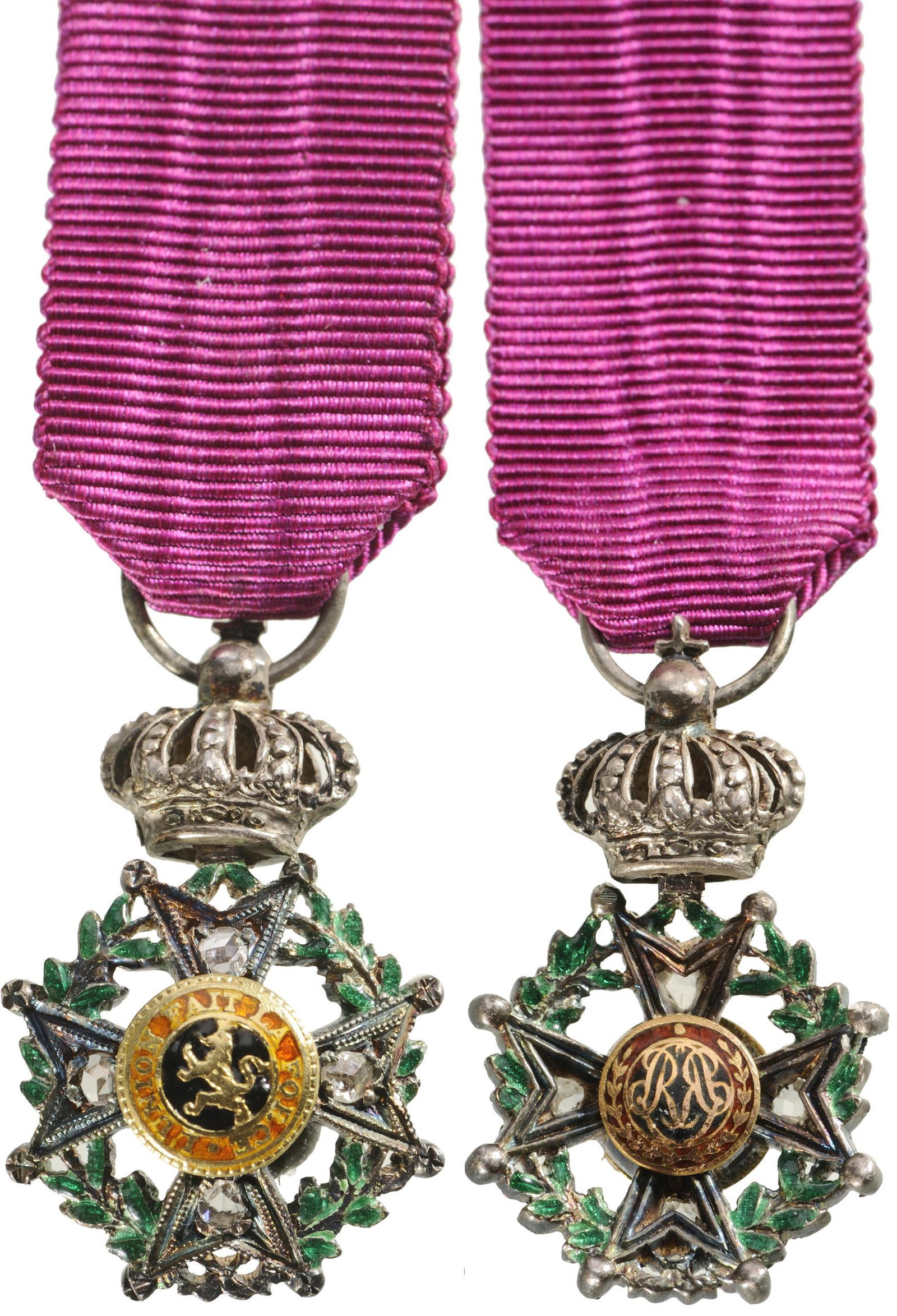 ORDER OF LEOPOLD: Knight's Cross Miniature in Diamonds, 5th Class, instituted in 1832. Breast Badge, 24x15 mm, GOLD, Brilliants and Silver, both central medallions GOLD, both sides enameled, original suspension ring an