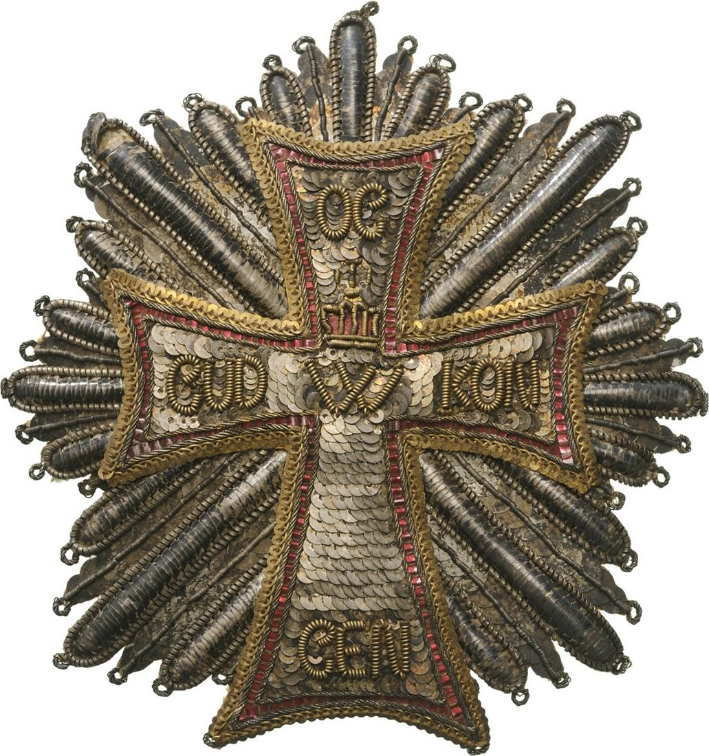 ORDER OF THE DANNEBROG: Grand Cross Star, 1st Class, Christian IX (1818-1906), instituted in 1671. Breast Star, 95x89 mm, embroidered in GOLD wire, Silver and GOLD sequins, red colored Silver ribbing, all superimposed on Sil