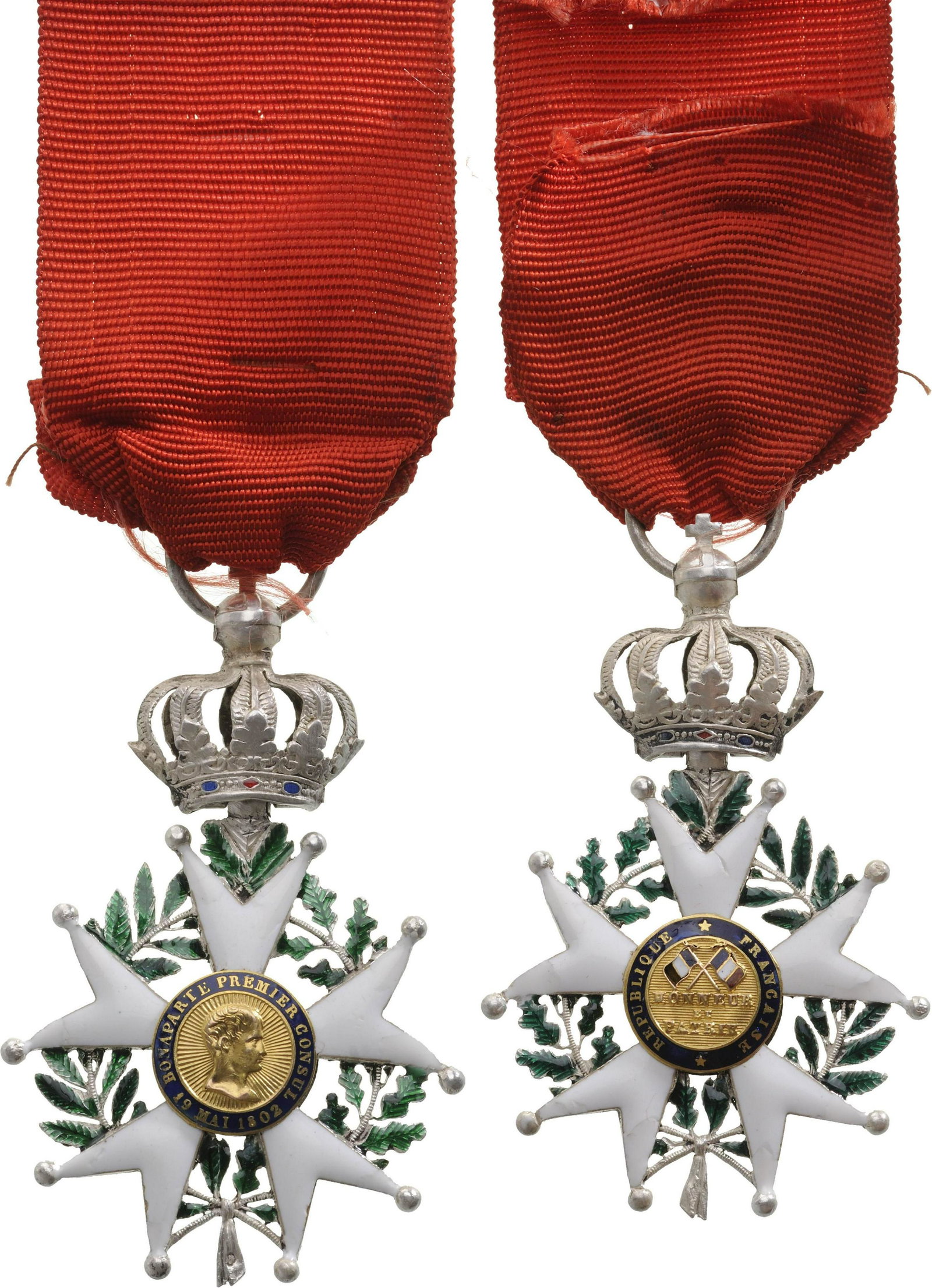 ORDER OF THE LEGION OF HONOR: Knight's Cross, Presidence (1848-1852), 5th Class, instituted in 1802. Breast Badge, 70x45 mm, Silver, both sides enameled (some restorations), both central medallions GOLD, enameled, original suspens
