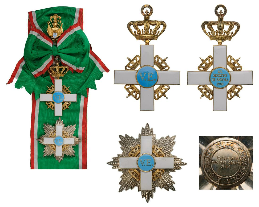 The Order of Merit of Savoy: Grand Cross Set, 1st Class, instituted in 1988. Sash Badge, 109x67 mm, gilt Silver, both sides enameled, both central medallions gilt, enameled, original suspension ring and long incorrect? sash with 
