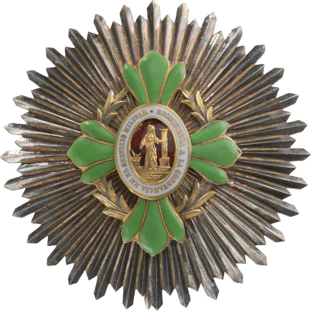 Military Long Service Breast star Constancia for Thirty: Breast Star, ca. 1900, 63 mm, Silver with smooth rays, superimposed parts gilt, enameled, central medallion gilt silver, enameled, reverse with thin vertical pin. A very rare star, in extremely fine c