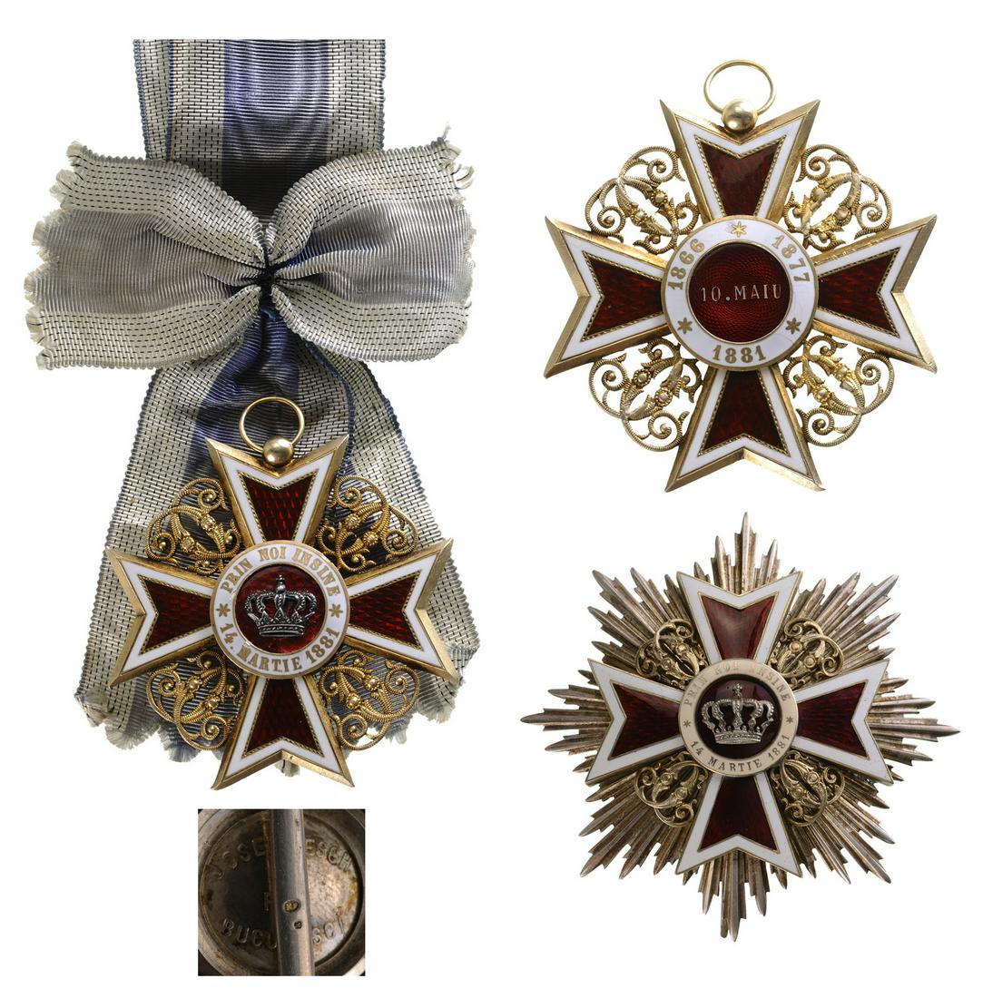 ORDER OF THE CROWN OF ROMANIA, 1881: Grand Cross Set for Ladies, 1st Type, Civil. Sash Badge, 78 mm, Silver gilt, enameled, original suspension ring and ribbon with bow. Breast Star, 90 mm, Silver, maker`s mark "A-KF", "JOSEF RESCH & FIU