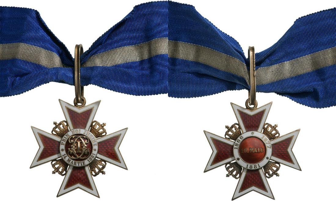 ORDER OF THE CROWN OF ROMANIA, 1881: Commander's Cross, 2nd Model (1932) for Civil. Neck Badge, 46 mm, gilt Silver, maker's mark "951-MN-43-crown", enameled, original suspension ring, loop and ribbon. Country: ROMANIA