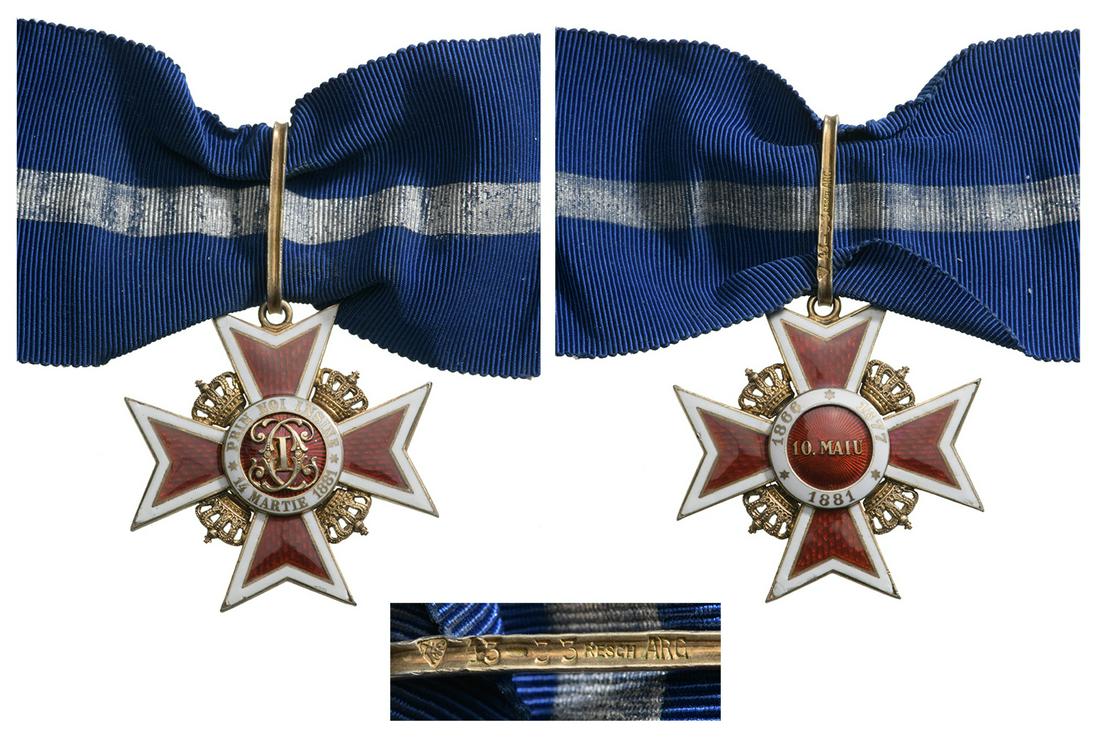 ORDER OF THE CROWN OF ROMANIA, 1881: Commander's Cross, 2nd Model (1932) for Civil. Neck Badge, 46 mm, gilt Silver, hallmarked "ARG" maker's mark crown-43-33-RESCH", enameled, original suspension ring, loop and ribbon. A superb order in 