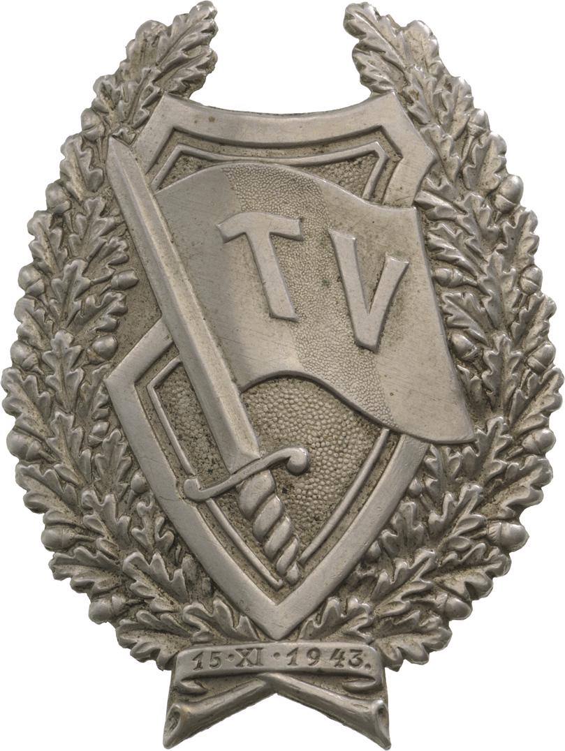 Distinctive Insignia for Soldiers in the "Tudor: Breast Badge, 56x40 mm, silvered Metal, thin pin soldered on reverse, I.M.S.P.R. 843. Fine condition and rare! R! I Country: ROMANIA