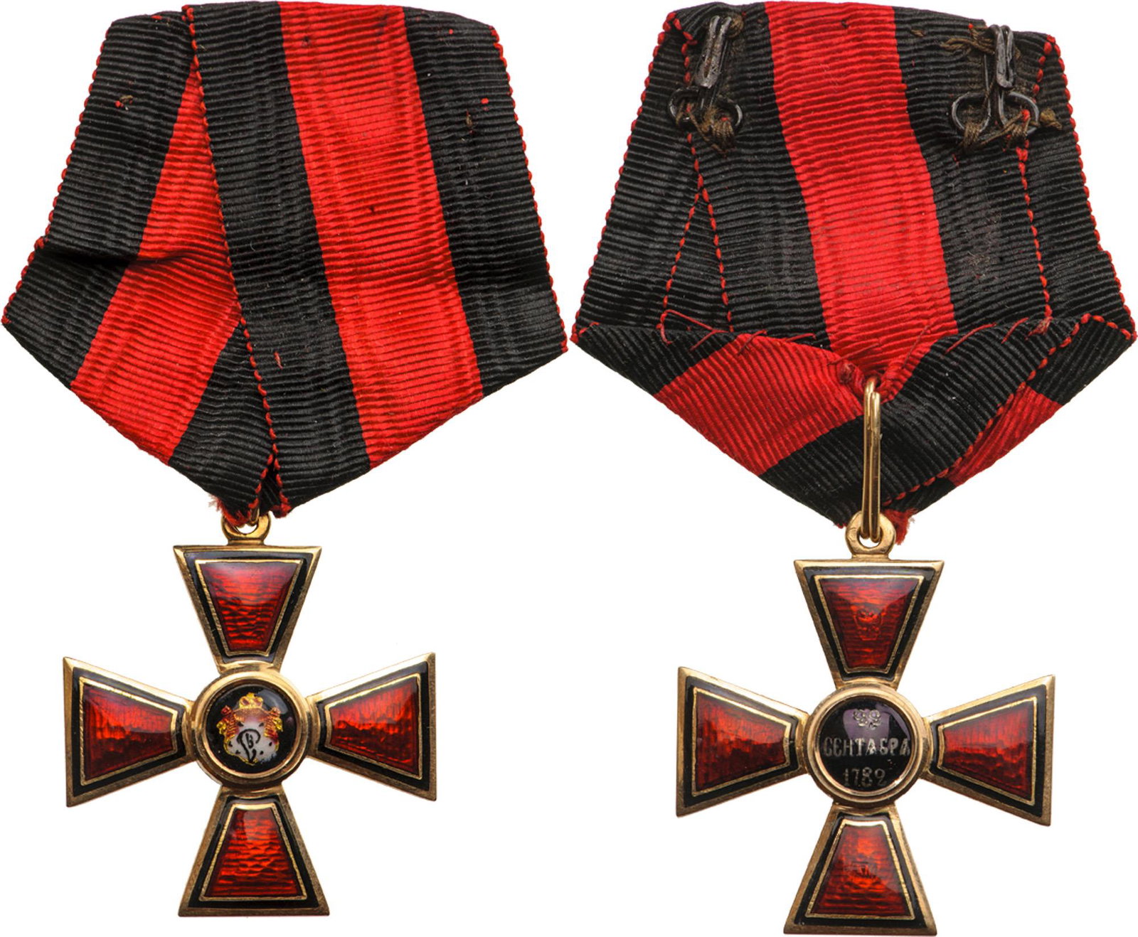 ORDER OF SAINT VLADIMIR: 4th Class. Breast Badge, 38 mm, GOLD, 12.7 g., maker's mark "AK, Keibel", hallmarked "56, Kokoshnik", original suspension ring and ribbon. Rare and superb! I R! Country: RUSSIA