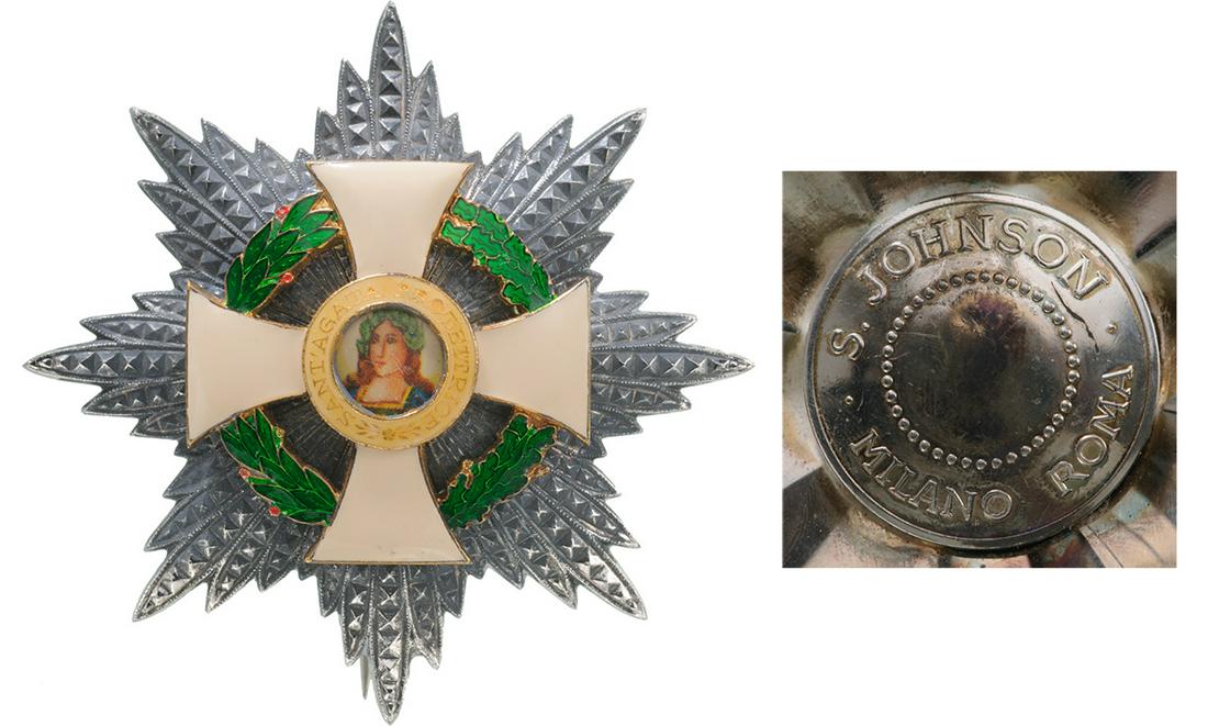 ORDER OF SAINT AGATHA: Grand Officer's Star, instituted in 1923. Breast Star, 72 mm, Silver, maker's mark "S. Johnson, Milano", diamond cut rays, superimposed parts gilt, enameled, medium pin on reverse. Beautiful star! I C