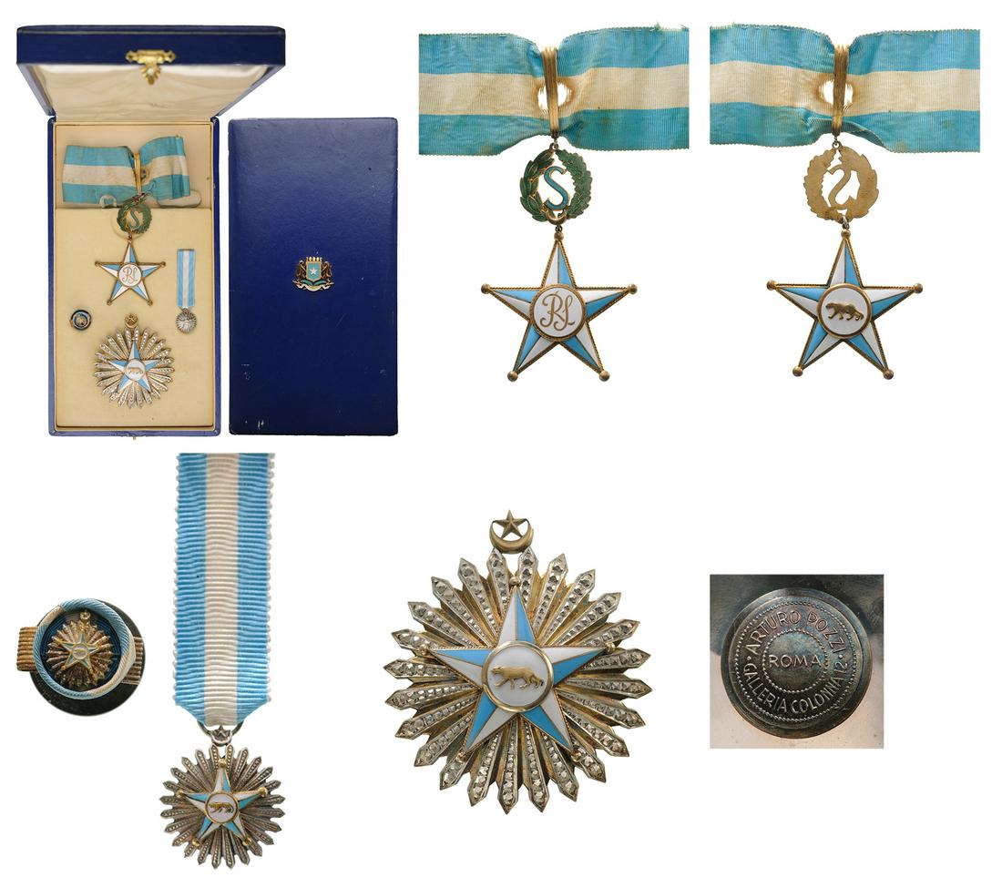 ORDER OF THE STAR: Grand Officer's Set, instituted in 1961. Neck Badge, 89x58 mm, gilt Silver, enameled, original suspension loop, wreath and long ribbon. Breast Star, 68 mm, Silver, maker's mark "Arturo Pozzi - Roma",