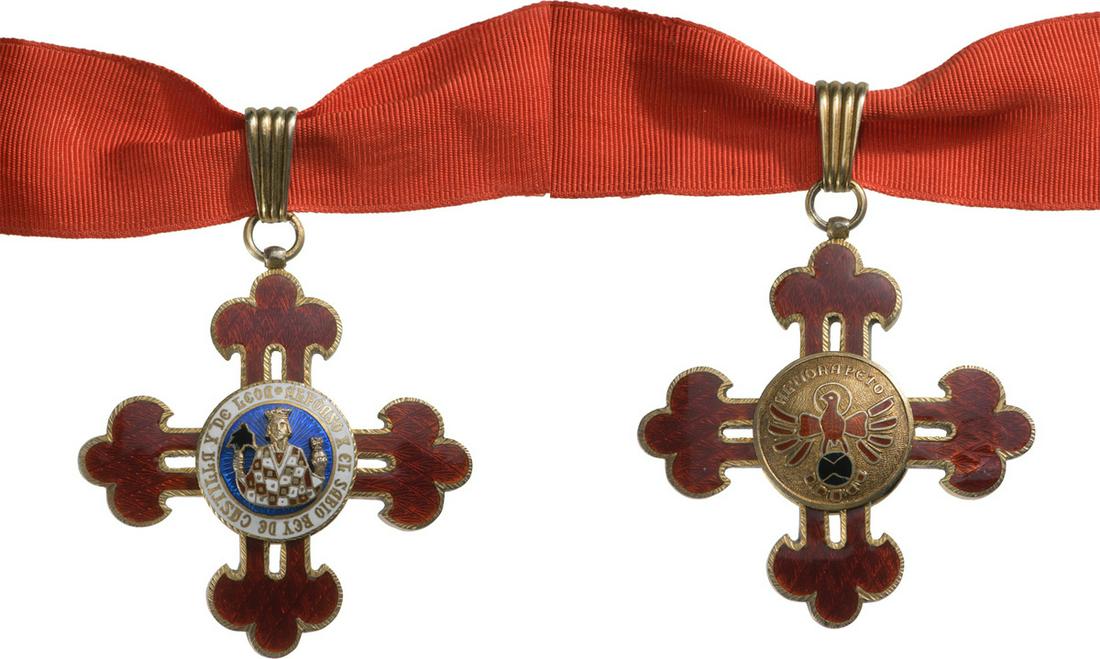 ORDER OF ALPHONSE X "THE WISE": Commander`s Cross, 3rd Class, instituted in 1902. Neck Badge, 61x58 mm, gilt Silver, superimposed parts gilt enameled, both central medallions gilt, enameled, original suspension ring, loop and ribbon