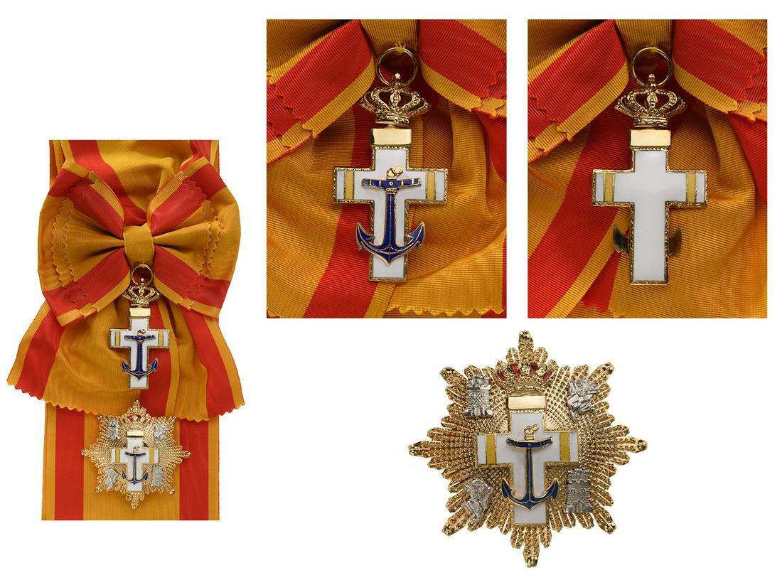 ORDER OF NAVAL MERIT: Grand Cross Set Yellow Division , 1st Class, instituted in 1931. Sash Badge, 65x35 mm, gilt Metal, multipart construction, superimposed parts gilt, enameled, original suspension ring and complete sash