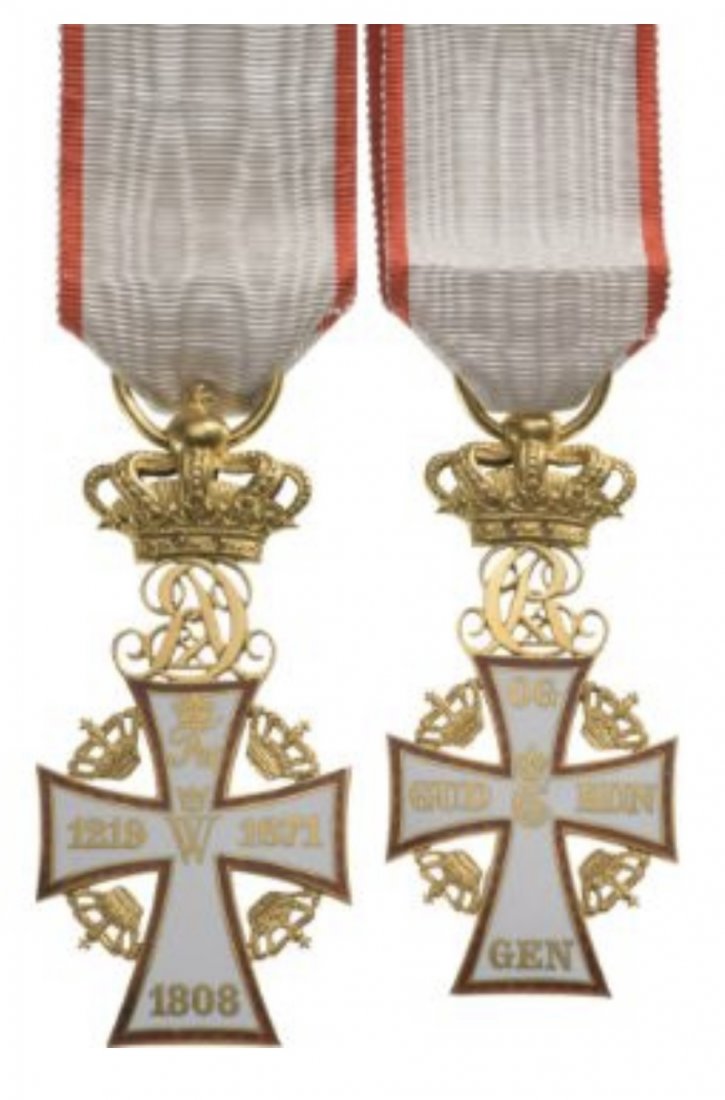 ORDER OF THE DANNEBROG: Officer's Cross, Christian X (1912-1947), instituted in 1671. Breast Badge, 60x28 mm, GOLD, 23.4 g, both sides enameled, original suspension ring and ribbon.Superb! I