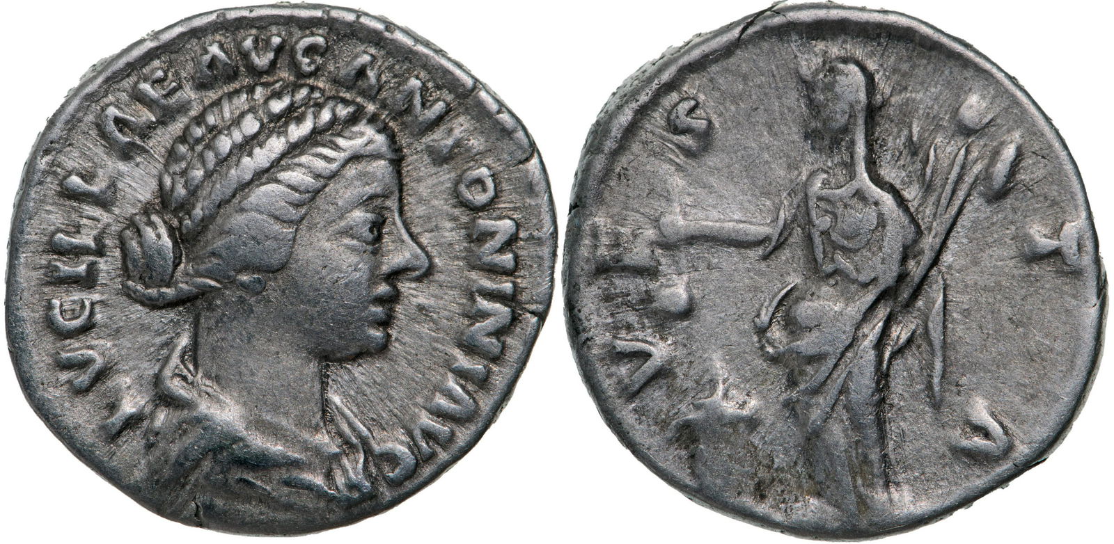 Lucilla (163-181 AD), AR Denarius (3.23g), Rome: LVCILLAE AVG ANTONINI AVG F, draped bust right / VESTA, Vesta standing left holding simpulum and palladium, before altar. RIC 788. almost XF