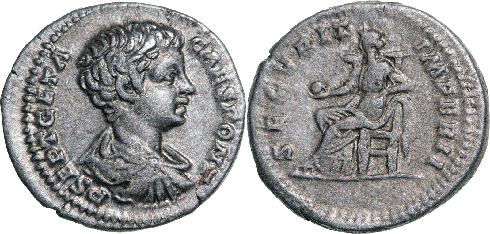 Geta (198-209 AD), AR Denarius (3.37g), struck 200-202: P SEPT GETA CAES PONT, draped and cuirassed bust right / SECVRIT IMPERI, Securitas seated left holding globe . RIC 20b. Almost XF