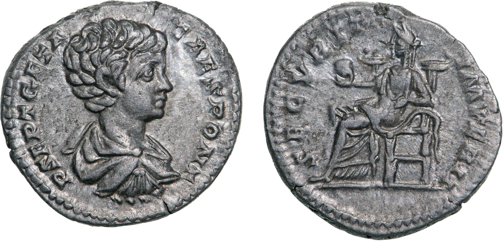 Geta (198-209 AD), AR Denarius (2.82g), struck 200-202: P SEPT GETA CAES PONT, draped and cuirassed bust right / SECVRIT IMPERI, Securitas seated left holding globe . RIC 20b. XF
