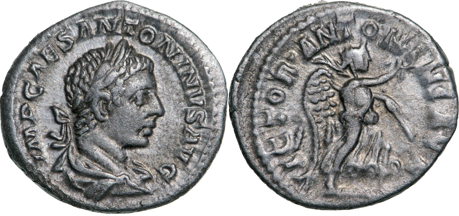 Elagabal (218-222 AD), AR Denarius (2.85g), struck 219: IMP CAES ANTONINVS AVG, laureate and draped bust right / VICTOR ANTONINI AVG, Victory advancing right holding wreath and palm. RIC 153. EF-