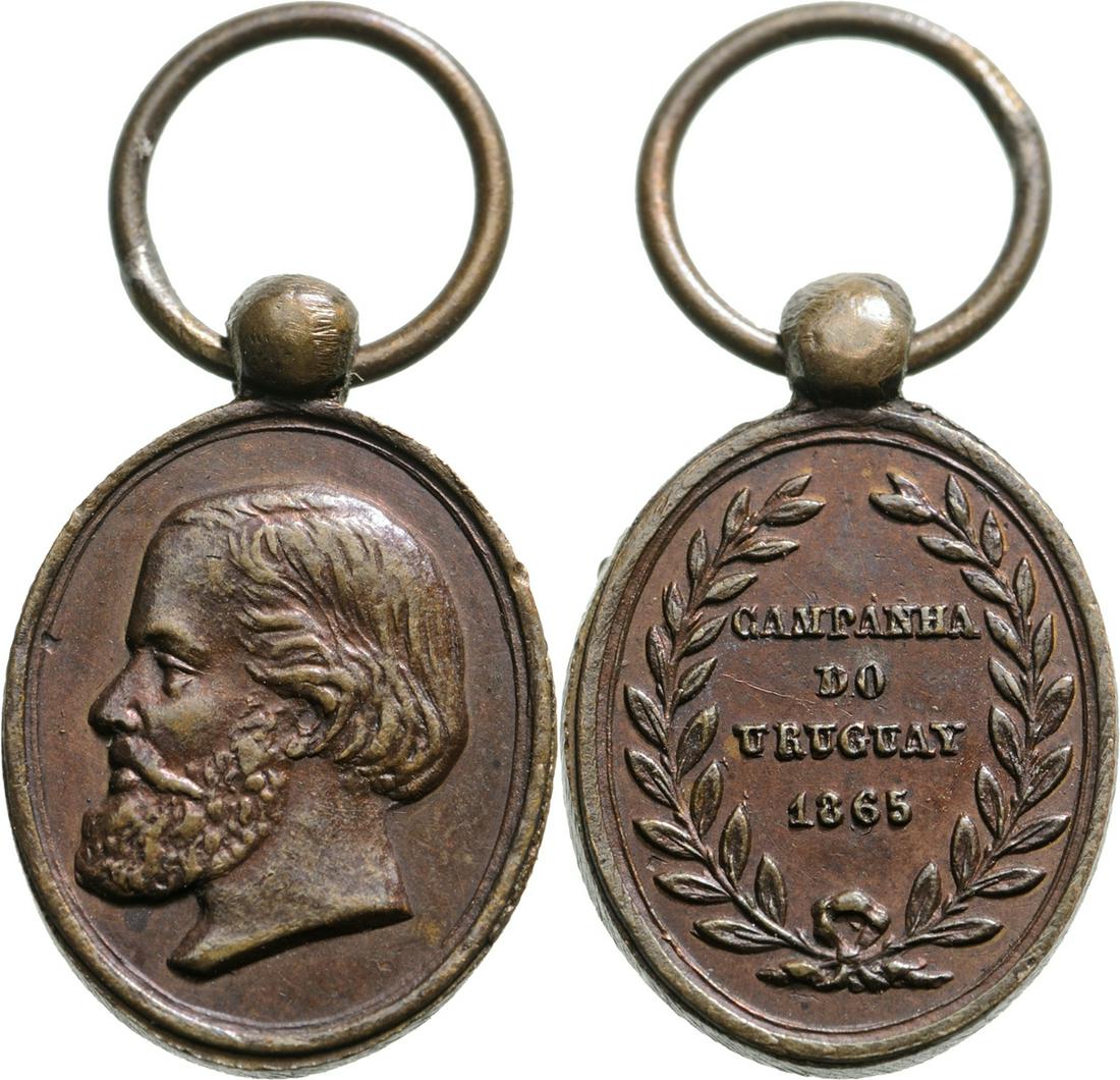 Uruguay Campaign Medal for the troops, instituted in: Breast Badge, 22x19.5 mm, patinated Bronze, obverse Pedro II to the left, the reverse legend "CAMPANHA DO URUGUAY 1865" surrounded by a laurel crown. Gill. p. 83 Ross Br14. I-