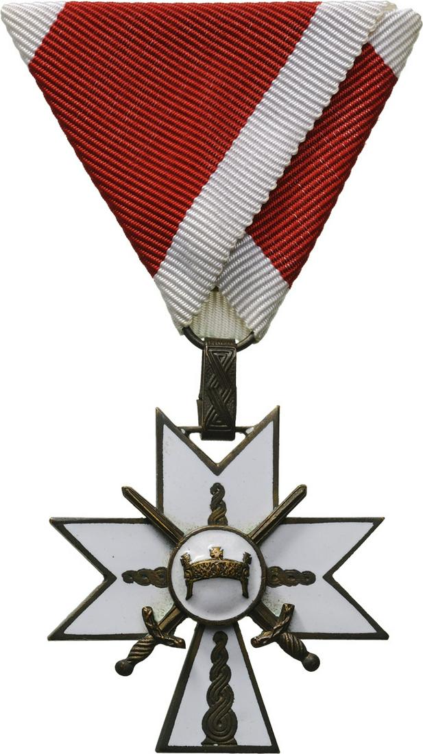 ORDER OF KING ZVONIMIR'S CROWN: Cross 4th Class with Swords, 48x40 mm, Bronze, both sides enameled, original suspension loop, ring and triangular ribbon. Rare! R! I