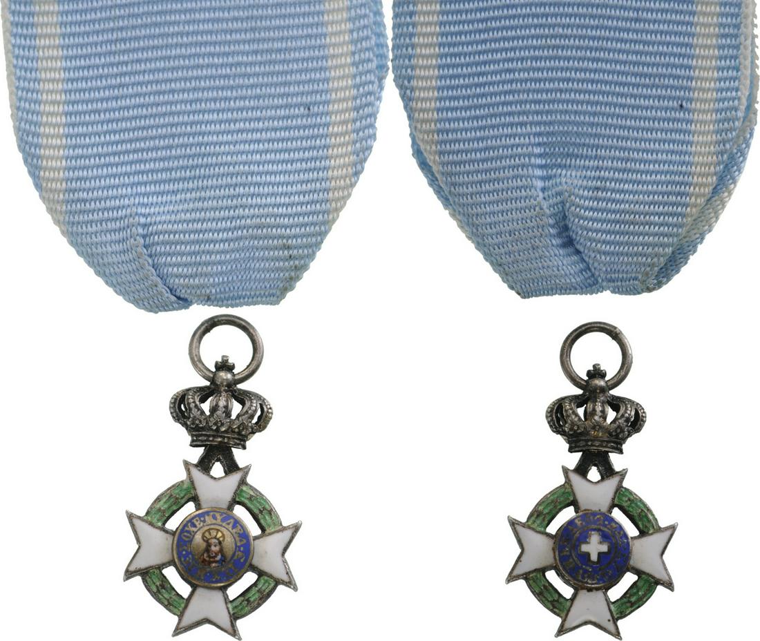 ORDER OF THE REDEEMER: Knight`s Cross Miniature, 5th Class, 2nd Type, instituted in 1833. Breast Badge, 18x11 mm, Silver, both sides enameled, both central medallions GOLD, enameled, original suspension ring and original ri